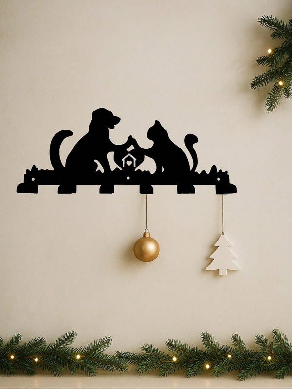 1PC Cozy Hearth Pet Hooks - Laser Cut Dog & Cat Warming By Fireplace Scene, 6-Hook Wall Organizer for Leashes & Mittens, Rustic Farmhouse Entryway Decor, Suitable for Christmas, Halloween, Thanksgiving, Valentine's Day Gifts, Suitable for Modern Home Deco