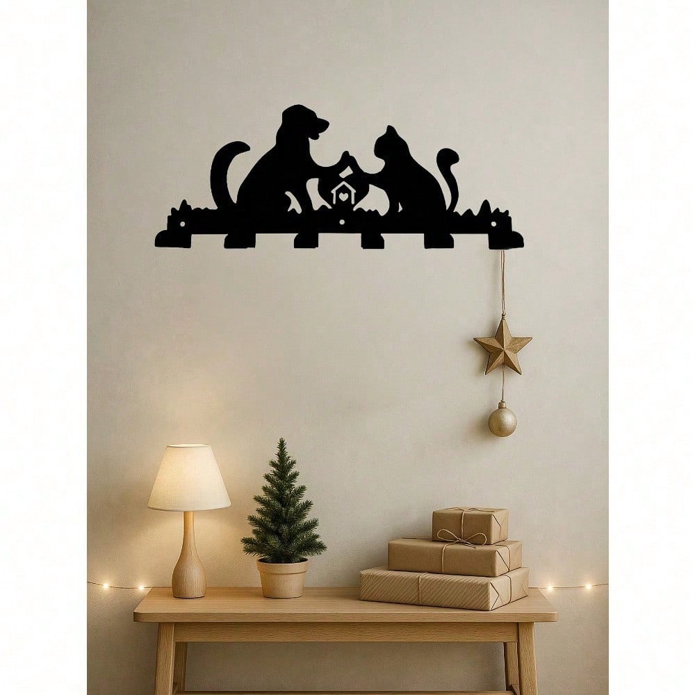 1PC Cozy Hearth Pet Hooks - Laser Cut Dog & Cat Warming By Fireplace Scene, 6-Hook Wall Organizer for Leashes & Mittens, Rustic Farmhouse Entryway Decor, Suitable for Christmas, Halloween, Thanksgiving, Valentine's Day Gifts, Suitable for Modern Home Deco
