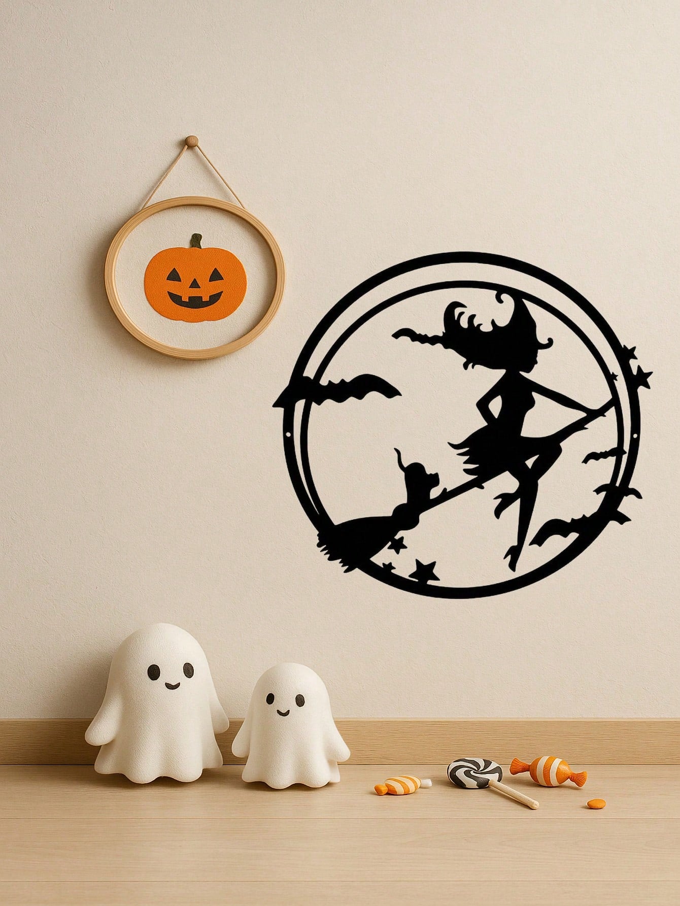 1PC Spooky Halloween Metal Wall Art - Frameless Hanging Decor featuring a Mystical Witch, Cat & Bat Castle Design. Unique Iron Art Wall Hanging for Creative Holiday Decor.Suitable for modern home decor, home decoration, room decor, bedroom decor, bathroom Main image