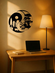 A pair of elegant Tai Chi-inspired metal wall sculptures, depicting city and landscape motifs. Perfect for enhancing indoor and outdoor spaces like homes, patios, or balconies. An ideal wall decor gift for housewarming occasions, combining artistic sculpt
