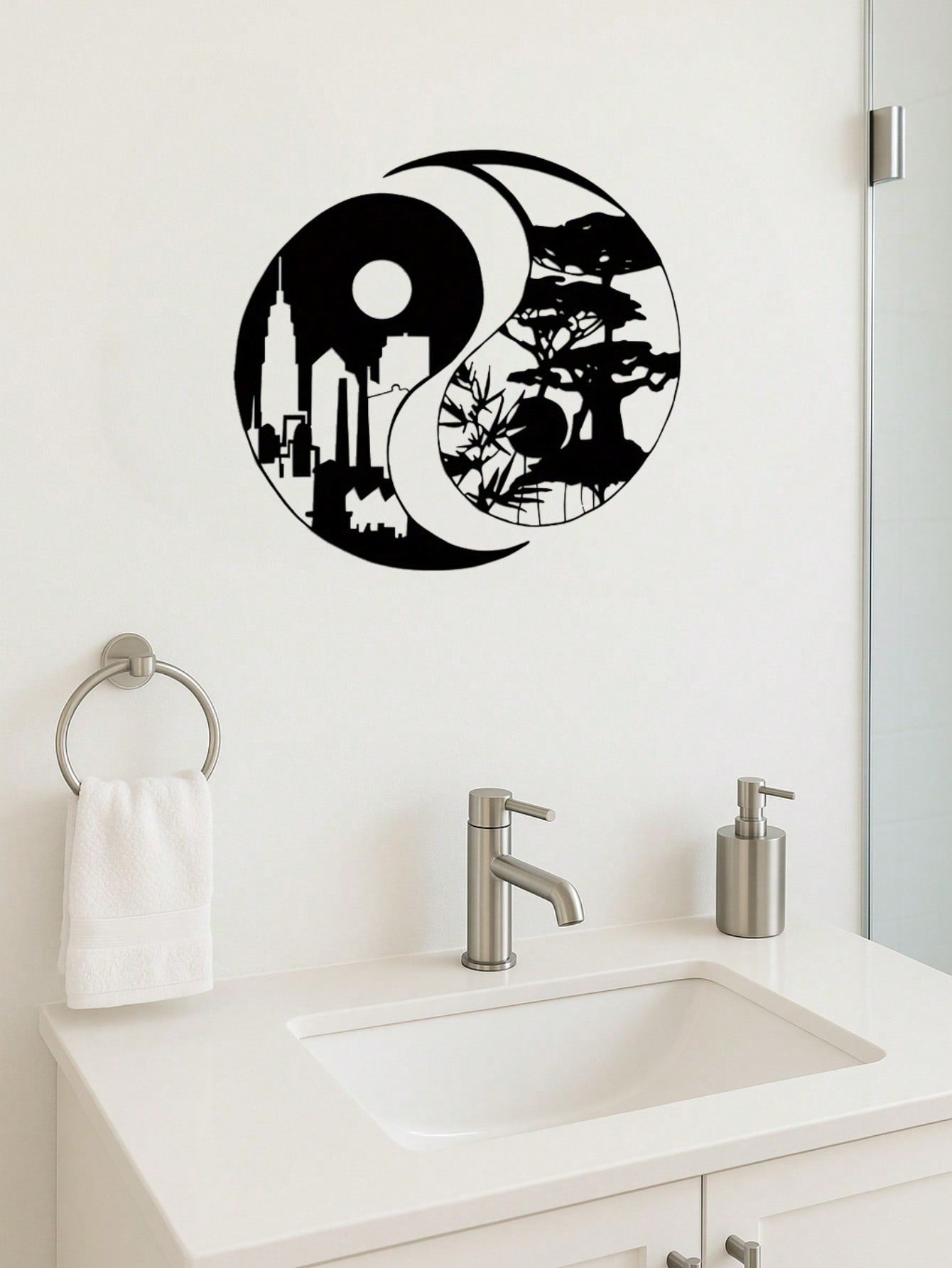 A pair of elegant Tai Chi-inspired metal wall sculptures, depicting city and landscape motifs. Perfect for enhancing indoor and outdoor spaces like homes, patios, or balconies. An ideal wall decor gift for housewarming occasions, combining artistic sculpt
