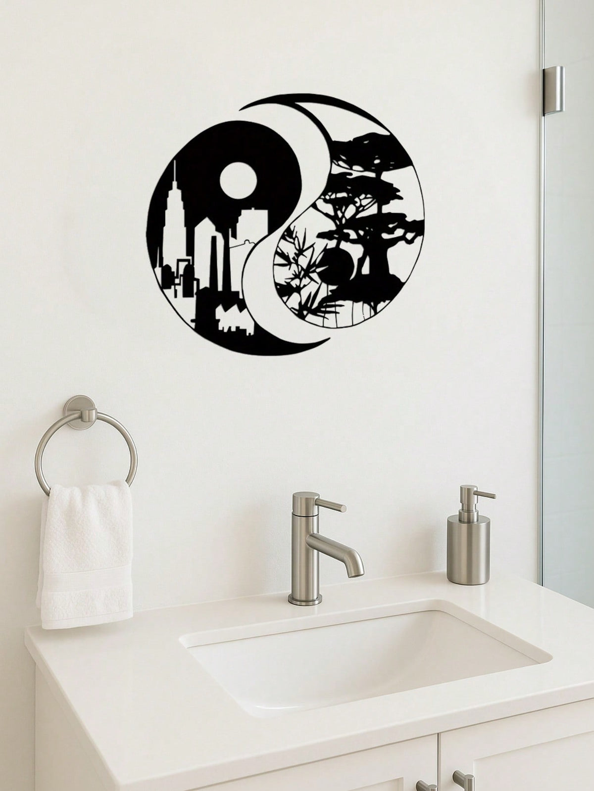 A pair of elegant Tai Chi-inspired metal wall sculptures, depicting city and landscape motifs. Perfect for enhancing indoor and outdoor spaces like homes, patios, or balconies. An ideal wall decor gift for housewarming occasions, combining artistic sculpt