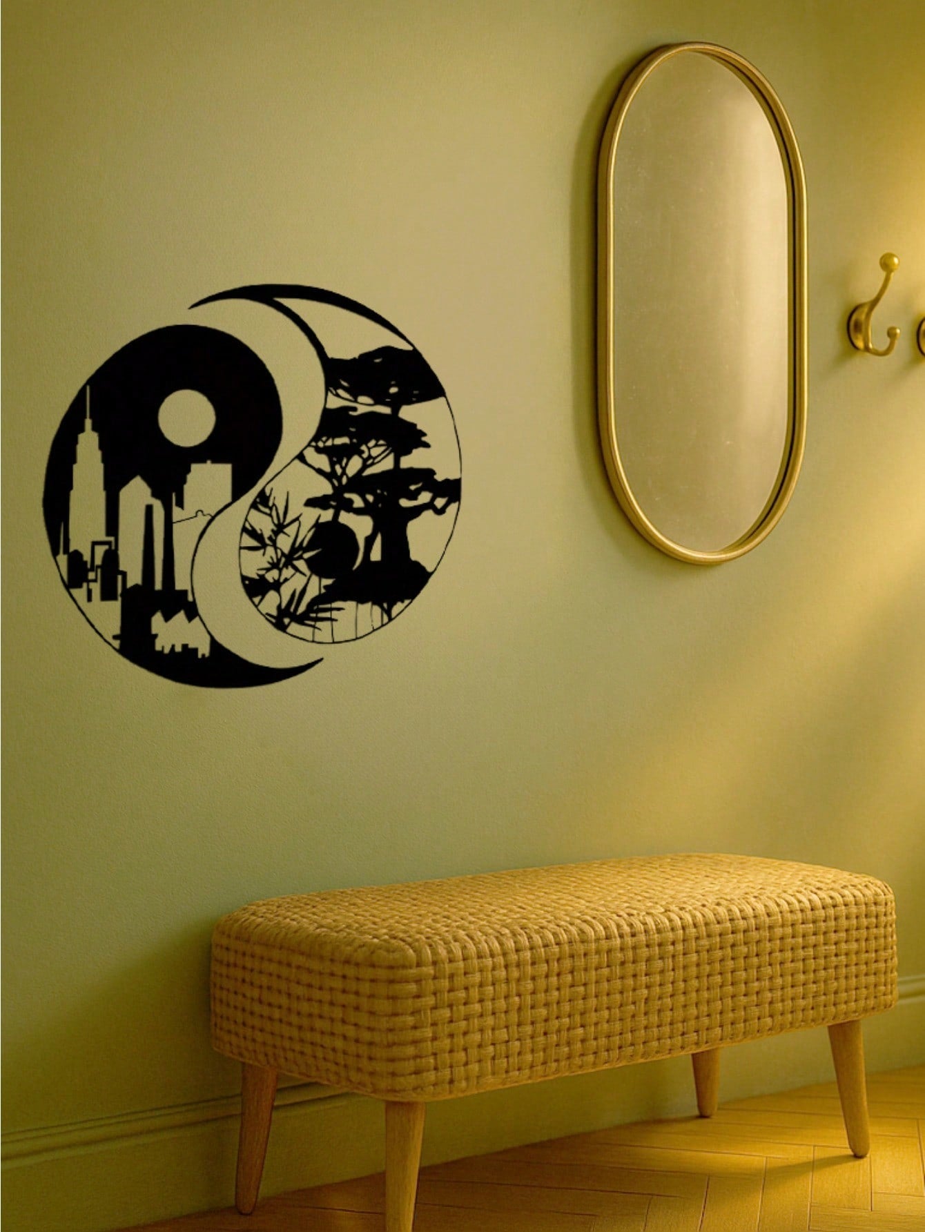 A pair of elegant Tai Chi-inspired metal wall sculptures, depicting city and landscape motifs. Perfect for enhancing indoor and outdoor spaces like homes, patios, or balconies. An ideal wall decor gift for housewarming occasions, combining artistic sculpt
