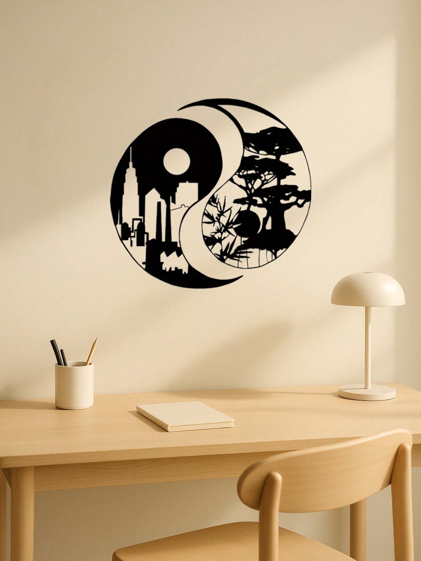 A pair of elegant Tai Chi-inspired metal wall sculptures, depicting city and landscape motifs. Perfect for enhancing indoor and outdoor spaces like homes, patios, or balconies. An ideal wall decor gift for housewarming occasions, combining artistic sculpt