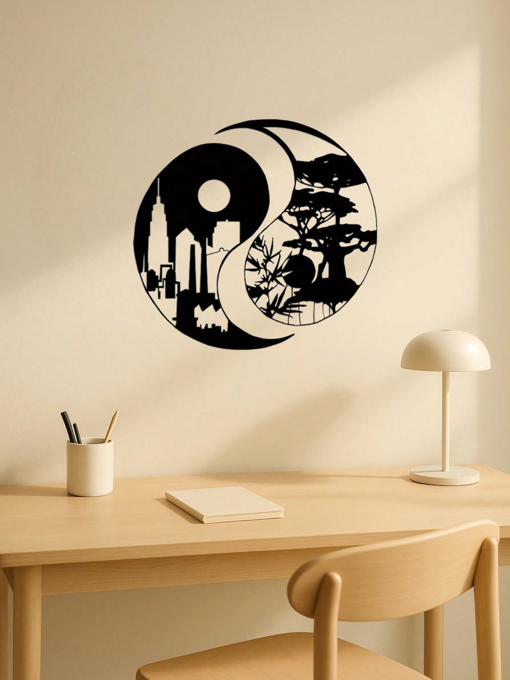 A pair of elegant Tai Chi-inspired metal wall sculptures, depicting city and landscape motifs. Perfect for enhancing indoor and outdoor spaces like homes, patios, or balconies. An ideal wall decor gift for housewarming occasions, combining artistic sculpt