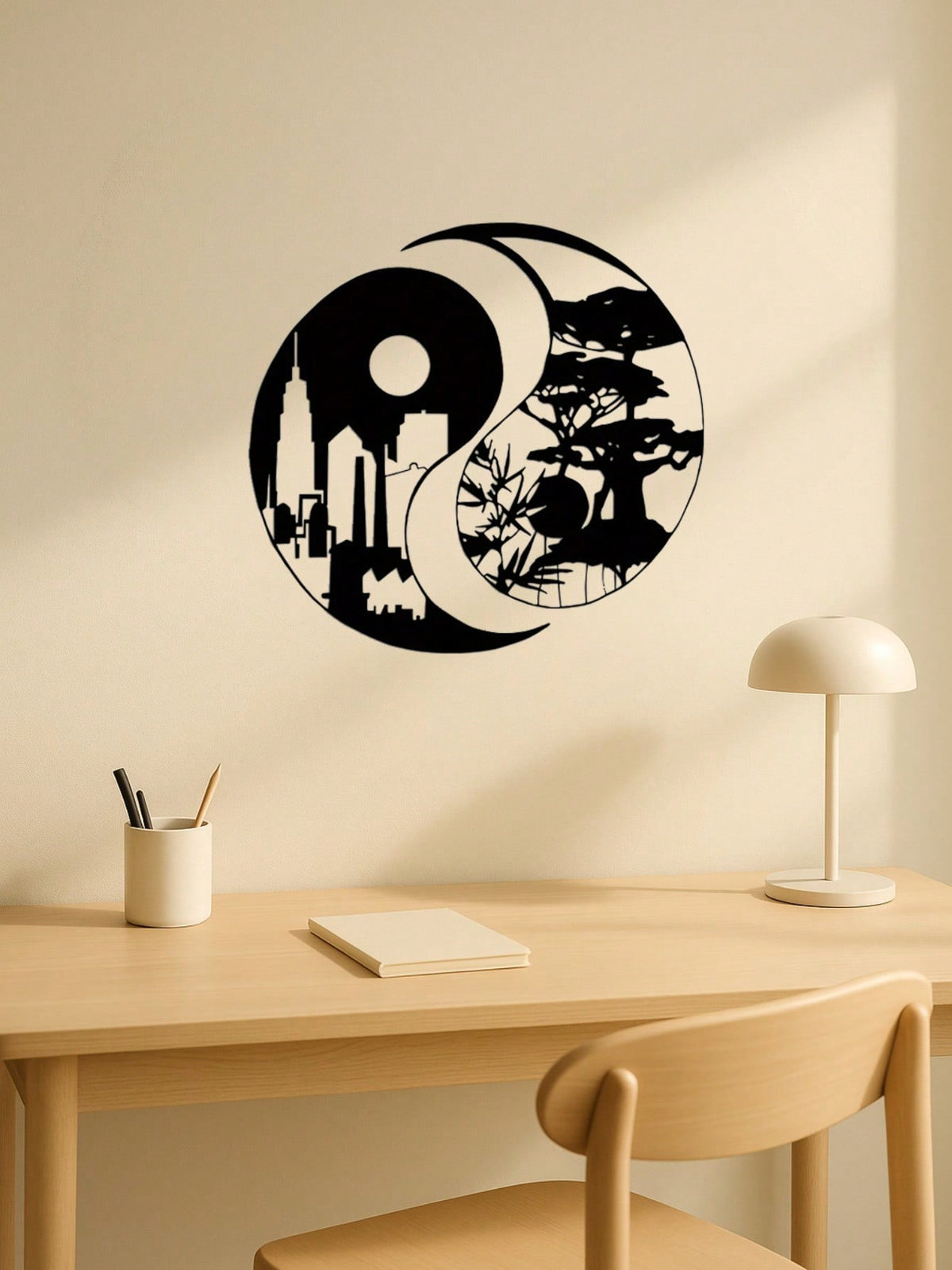 A pair of elegant Tai Chi-inspired metal wall sculptures, depicting city and landscape motifs. Perfect for enhancing indoor and outdoor spaces like homes, patios, or balconies. An ideal wall decor gift for housewarming occasions, combining artistic sculpt