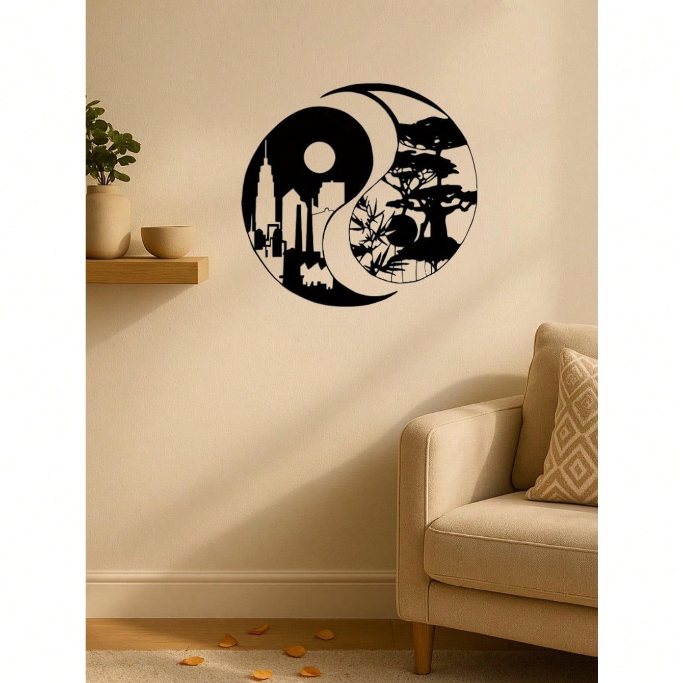 A pair of elegant Tai Chi-inspired metal wall sculptures, depicting city and landscape motifs. Perfect for enhancing indoor and outdoor spaces like homes, patios, or balconies. An ideal wall decor gift for housewarming occasions, combining artistic sculpt