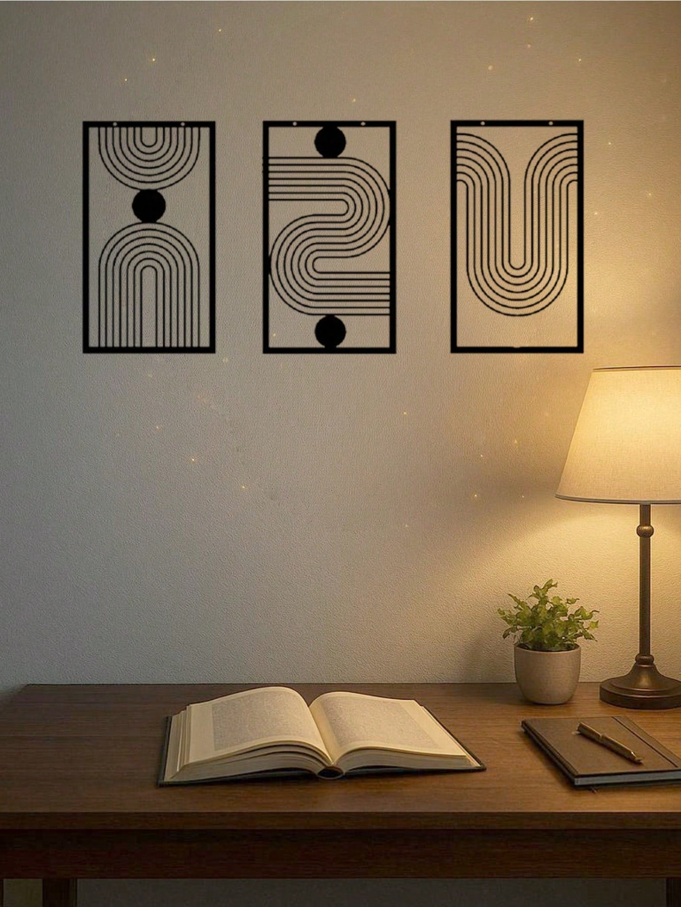 Three abstract geometric metal wall art pieces, perfect for living rooms, bedrooms, or studios. These iron crafts blend abstract shapes with artistic sophistication, showcasing unique decorative charm,Suitable for modern home decor, home decoration, room
