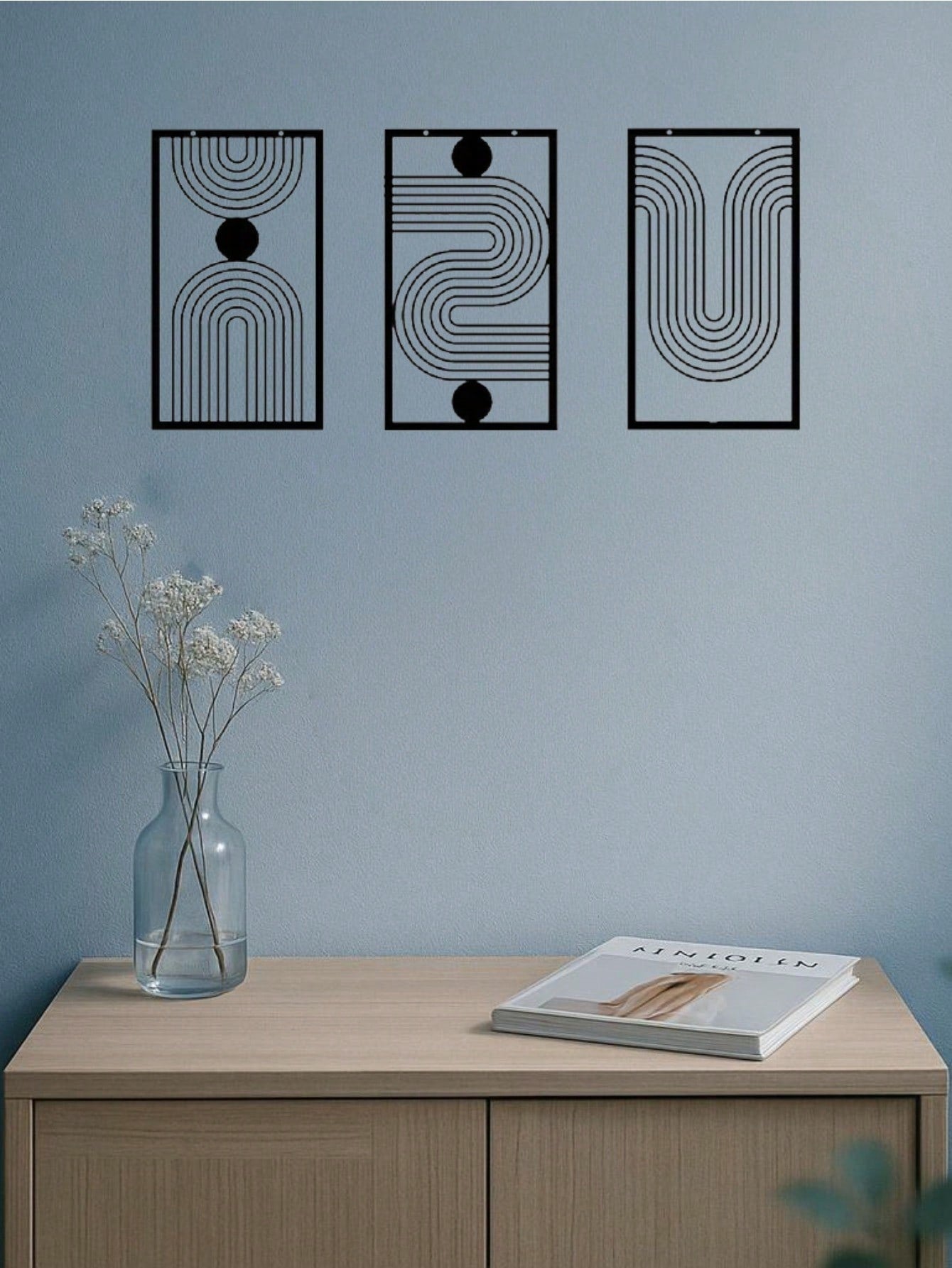 Three abstract geometric metal wall art pieces, perfect for living rooms, bedrooms, or studios. These iron crafts blend abstract shapes with artistic sophistication, showcasing unique decorative charm,Suitable for modern home decor, home decoration, room