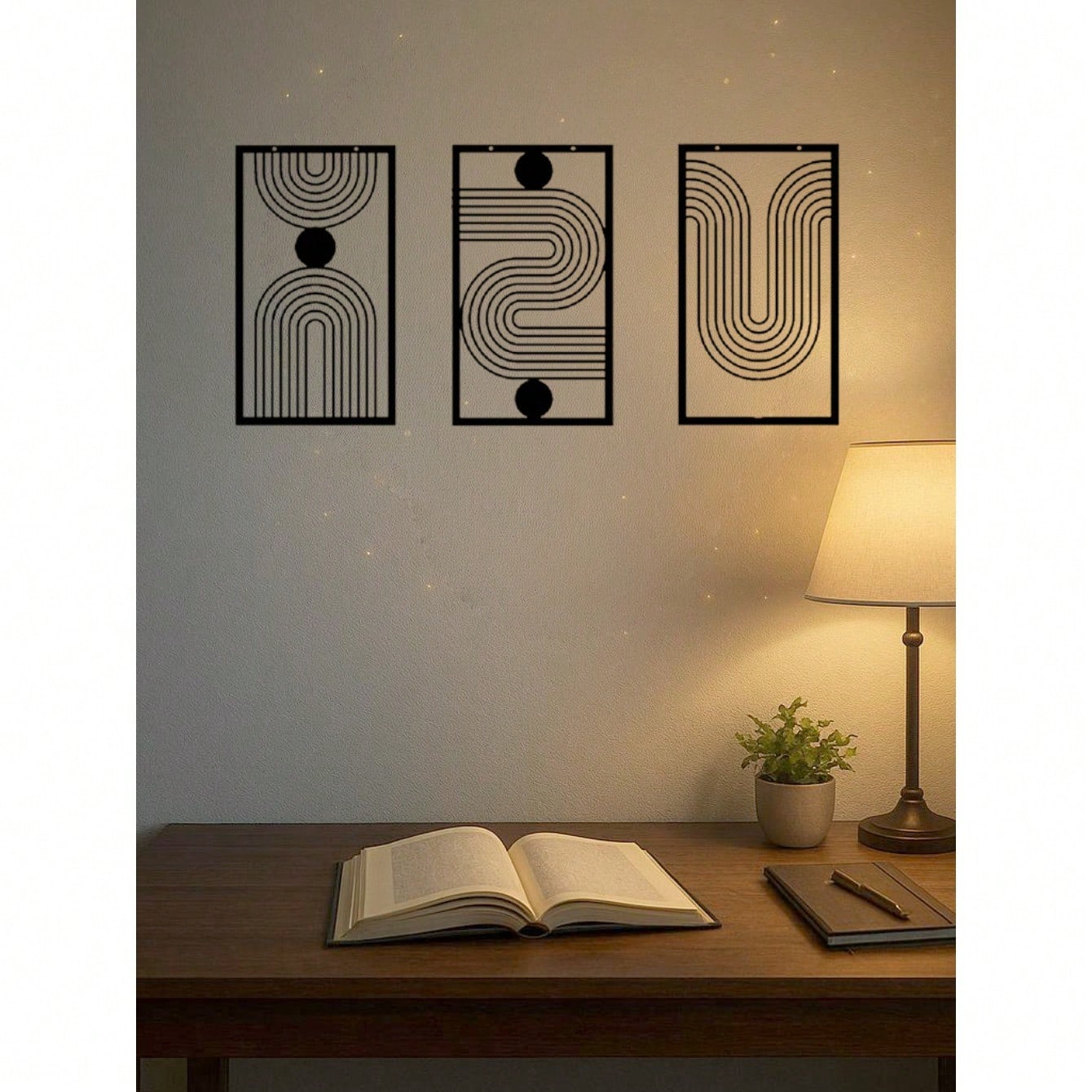 Three abstract geometric metal wall art pieces, perfect for living rooms, bedrooms, or studios. These iron crafts blend abstract shapes with artistic sophistication, showcasing unique decorative charm,Suitable for modern home decor, home decoration, room