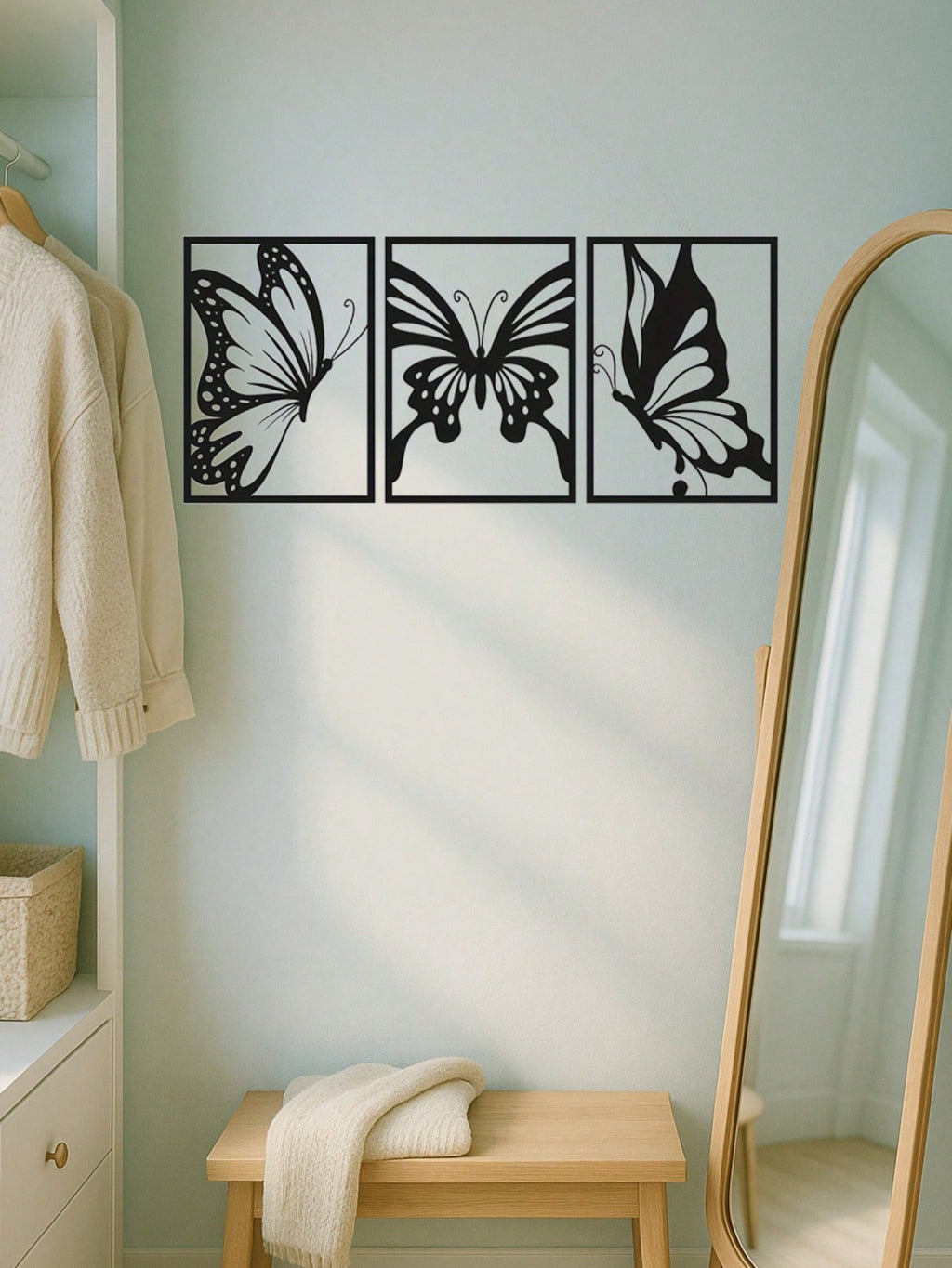 3-Piece Butterfly Metal Wall Art - Modern home decor perfect for bedrooms, living rooms, or bathrooms. Crafted with waterproof, rustproof, and fade-resistant materials, featuring a century-old baked paint finish for exceptional durability and quality. Eas