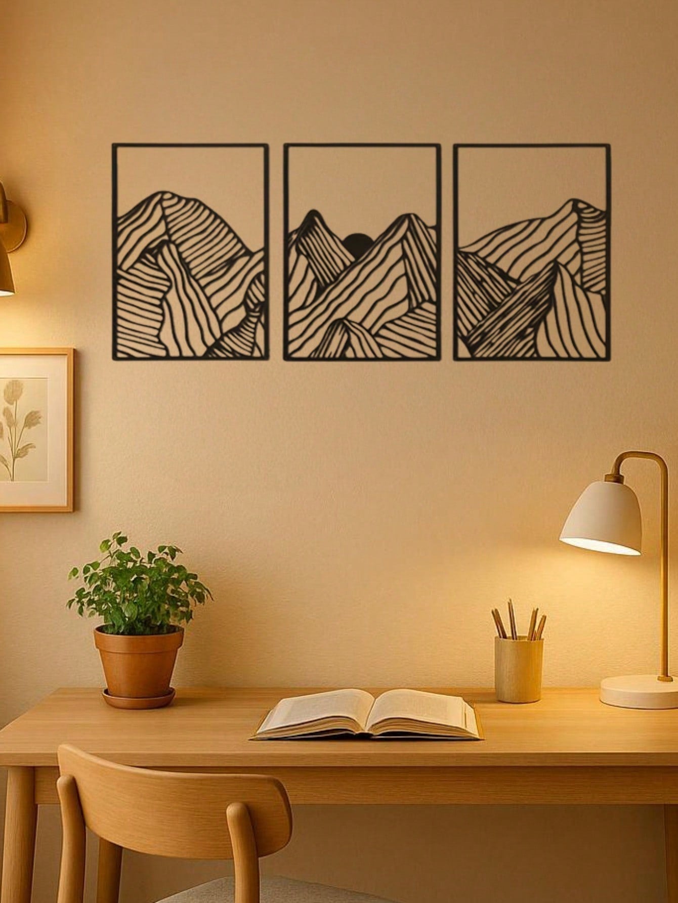 Modern 3-piece mountain silhouette wall art. Square panels with subtle cut-outs create a layered sunset scene. Minimalist design for living rooms, bedrooms, or offices. Easy hanging, ideal for indoor accent walls,Suitable for modern home decor, home decor Main image