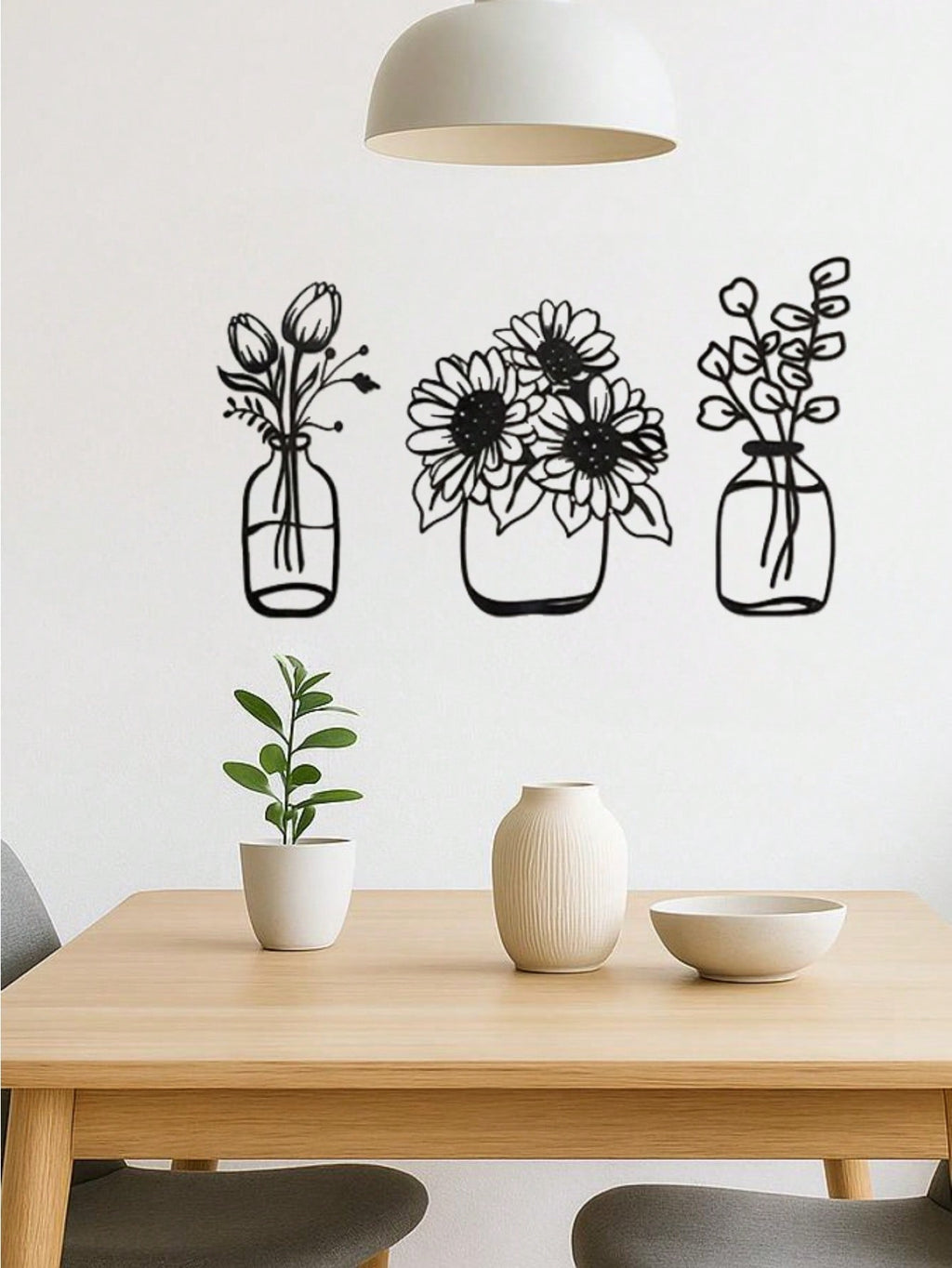 3-piece iron floral designs in glass bottle silhouette. Minimalist metal wall art enhances modern spaces like bedrooms, living rooms, or bathrooms. Waterproof, rustproof, and durable—ideal as a birthday gift. Features fade-resistant finish with century-ol