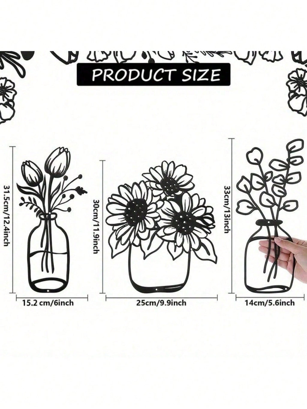 3-piece iron floral designs in glass bottle silhouette. Minimalist metal wall art enhances modern spaces like bedrooms, living rooms, or bathrooms. Waterproof, rustproof, and durable—ideal as a birthday gift. Features fade-resistant finish with century-ol