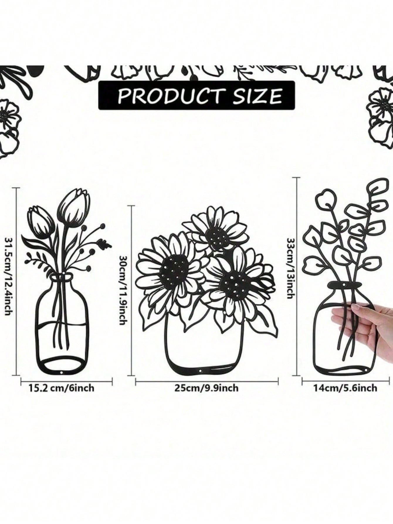 3-piece iron floral designs in glass bottle silhouette. Minimalist metal wall art enhances modern spaces like bedrooms, living rooms, or bathrooms. Waterproof, rustproof, and durable—ideal as a birthday gift. Features fade-resistant finish with century-ol
