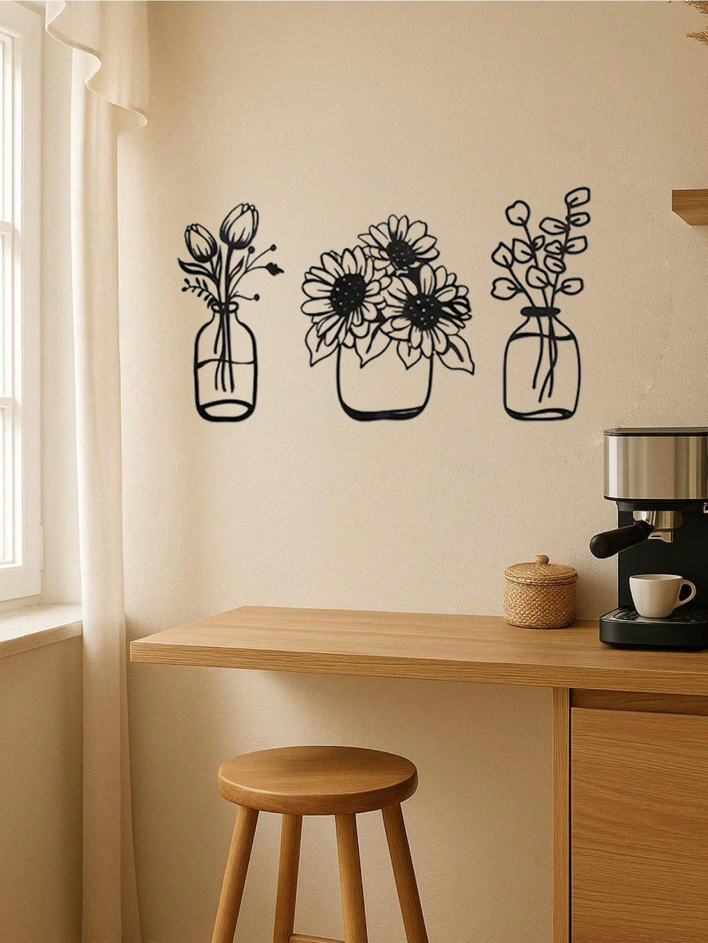 3-piece iron floral designs in glass bottle silhouette. Minimalist metal wall art enhances modern spaces like bedrooms, living rooms, or bathrooms. Waterproof, rustproof, and durable—ideal as a birthday gift. Features fade-resistant finish with century-ol