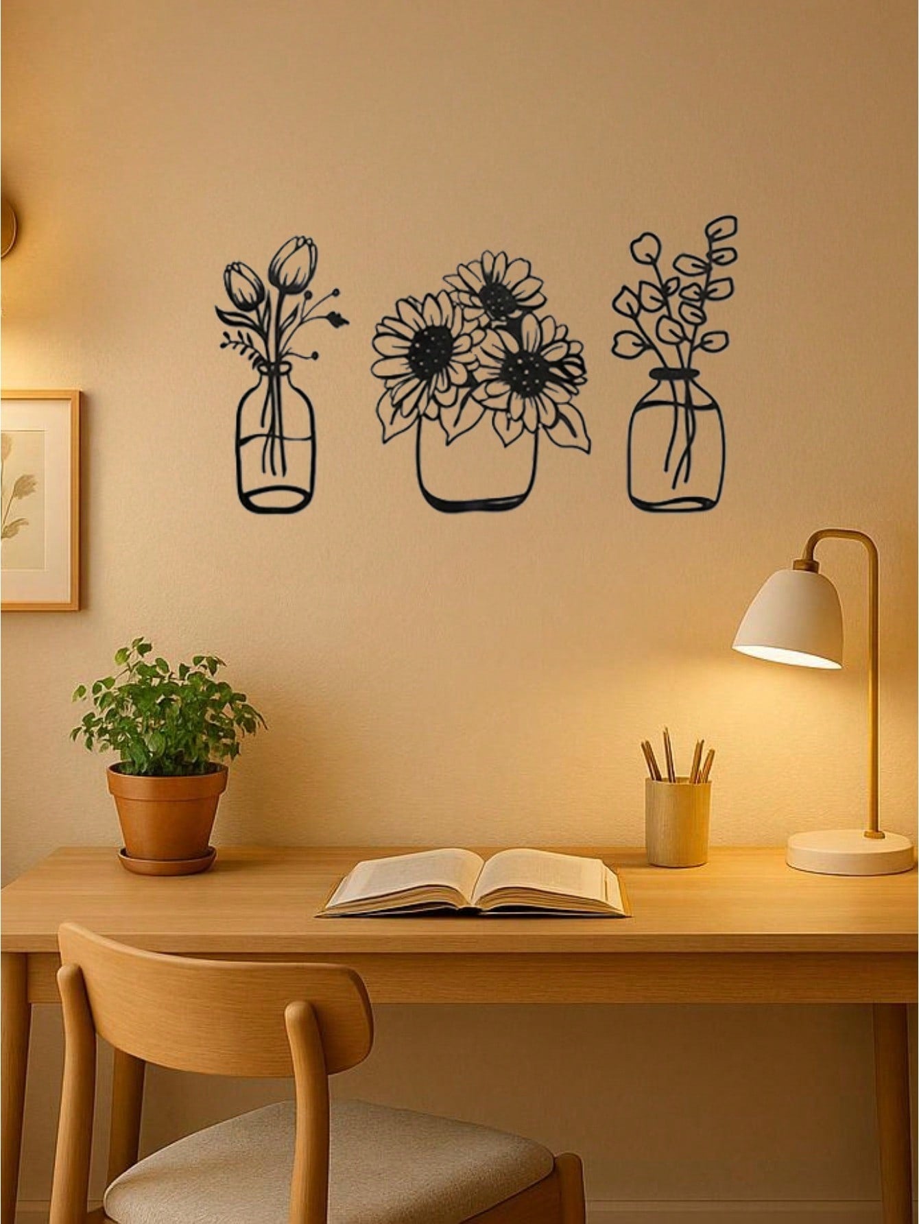 3-piece iron floral designs in glass bottle silhouette. Minimalist metal wall art enhances modern spaces like bedrooms, living rooms, or bathrooms. Waterproof, rustproof, and durable—ideal as a birthday gift. Features fade-resistant finish with century-ol