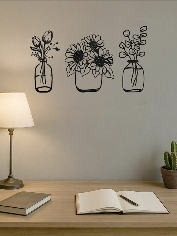 3-piece iron floral designs in glass bottle silhouette. Minimalist metal wall art enhances modern spaces like bedrooms, living rooms, or bathrooms. Waterproof, rustproof, and durable—ideal as a birthday gift. Features fade-resistant finish with century-ol