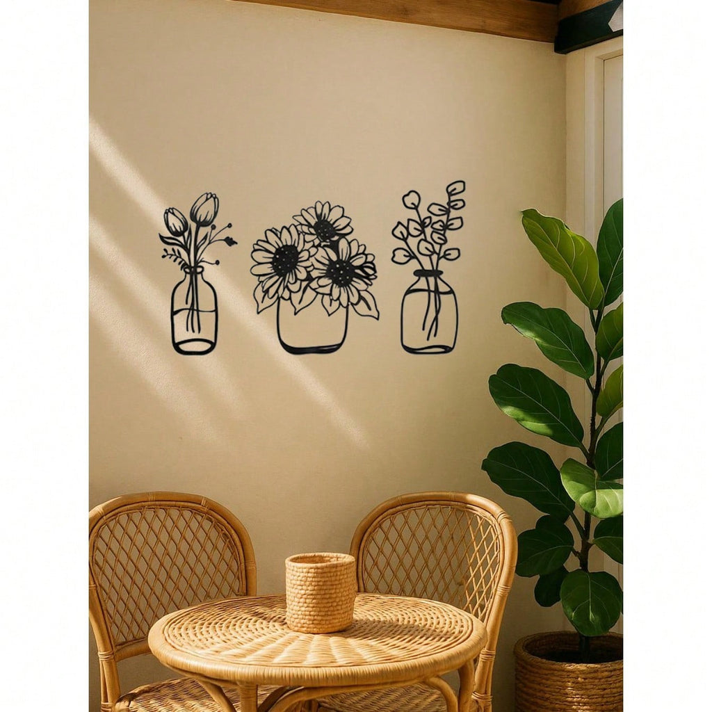 3-piece iron floral designs in glass bottle silhouette. Minimalist metal wall art enhances modern spaces like bedrooms, living rooms, or bathrooms. Waterproof, rustproof, and durable—ideal as a birthday gift. Features fade-resistant finish with century-ol