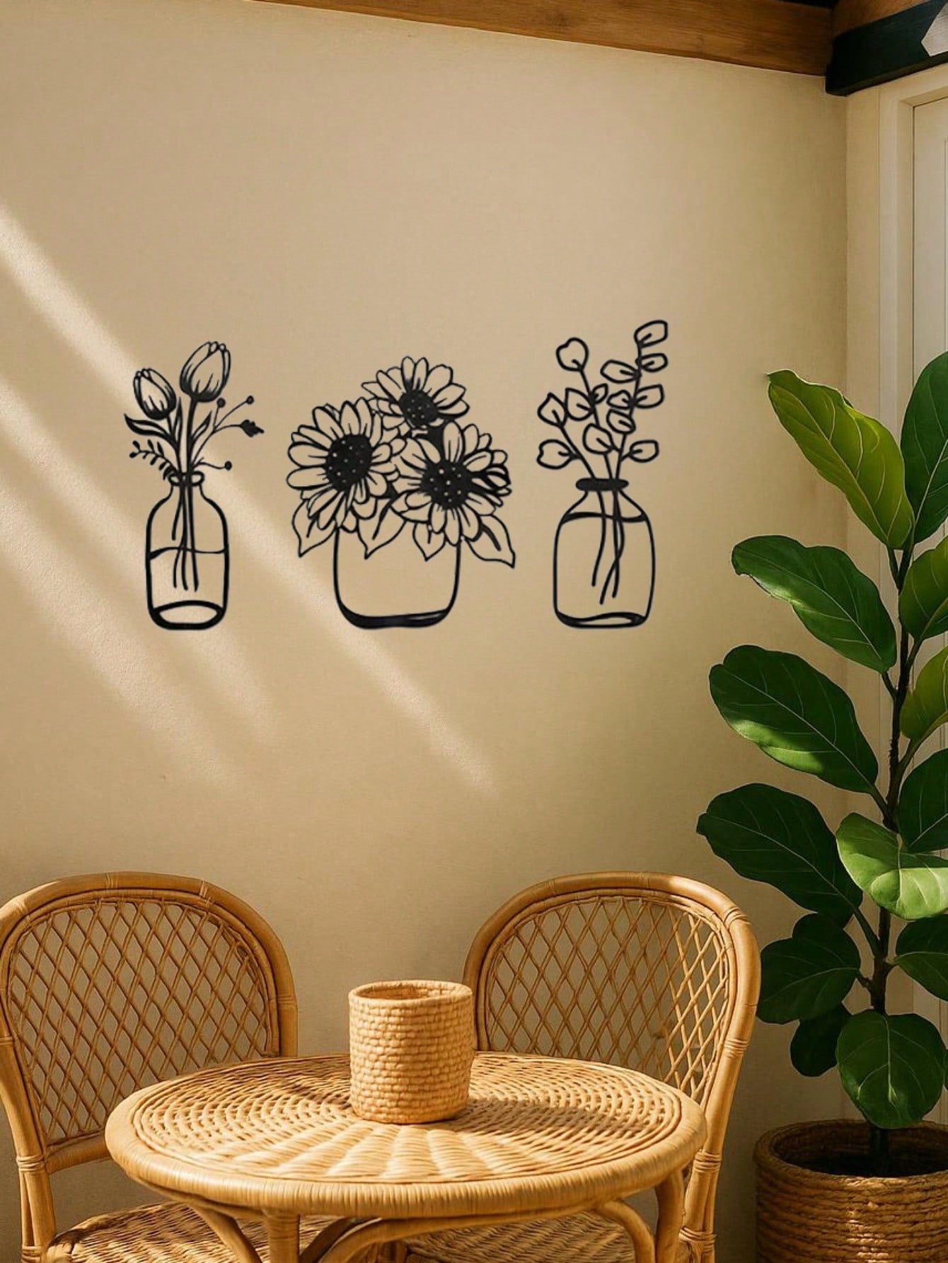 3-piece iron floral designs in glass bottle silhouette. Minimalist metal wall art enhances modern spaces like bedrooms, living rooms, or bathrooms. Waterproof, rustproof, and durable—ideal as a birthday gift. Features fade-resistant finish with century-ol Main image