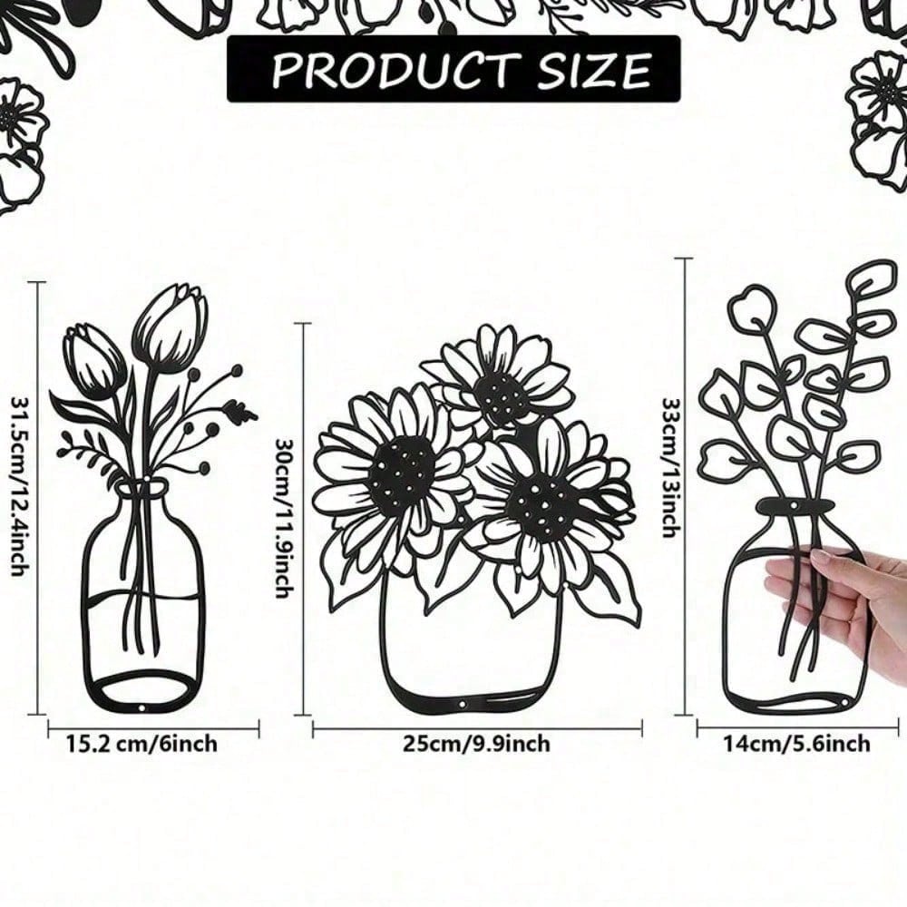 3-piece iron floral designs in glass bottle silhouette. Minimalist metal wall art enhances modern spaces like bedrooms, living rooms, or bathrooms. Waterproof, rustproof, and durable—ideal as a birthday gift. Features fade-resistant finish with century-ol Secondary image