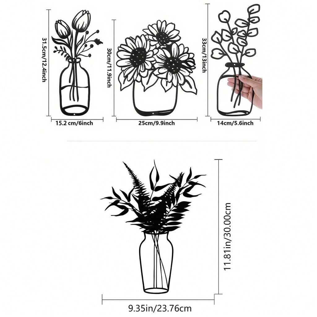3-piece iron floral designs in glass bottle silhouette. Minimalist metal wall art enhances modern spaces like bedrooms, living rooms, or bathrooms. Waterproof, rustproof, and durable—ideal as a birthday gift. Features fade-resistant finish with century-ol