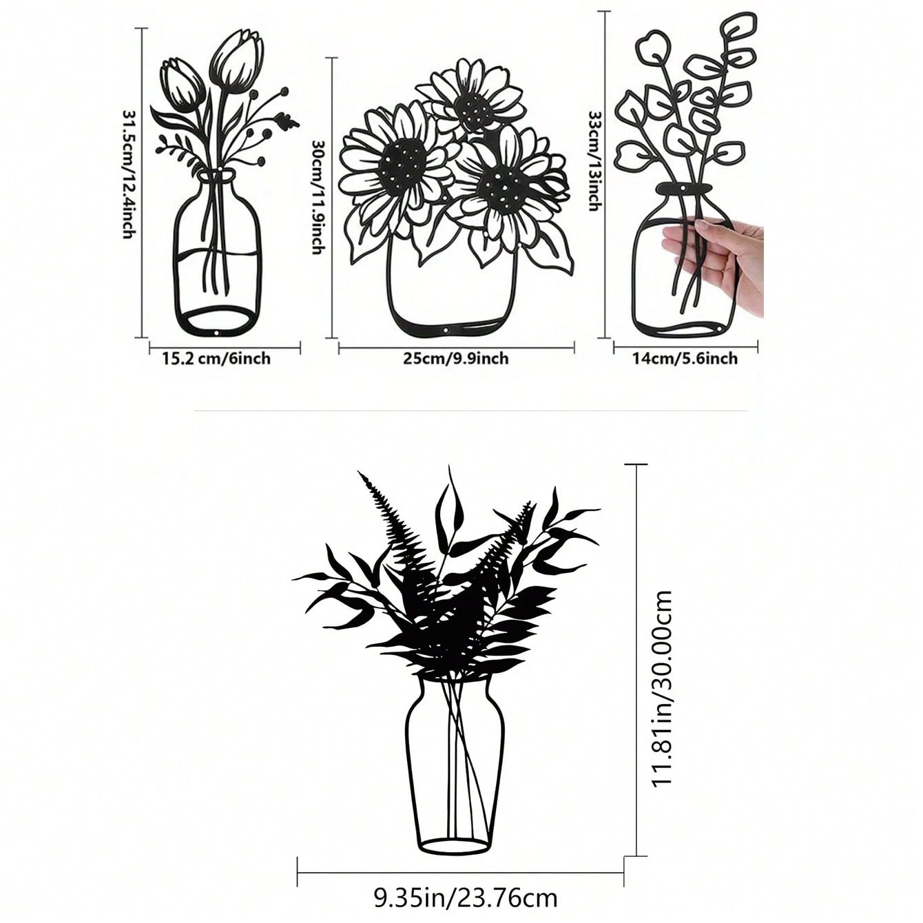3-piece iron floral designs in glass bottle silhouette. Minimalist metal wall art enhances modern spaces like bedrooms, living rooms, or bathrooms. Waterproof, rustproof, and durable—ideal as a birthday gift. Features fade-resistant finish with century-ol