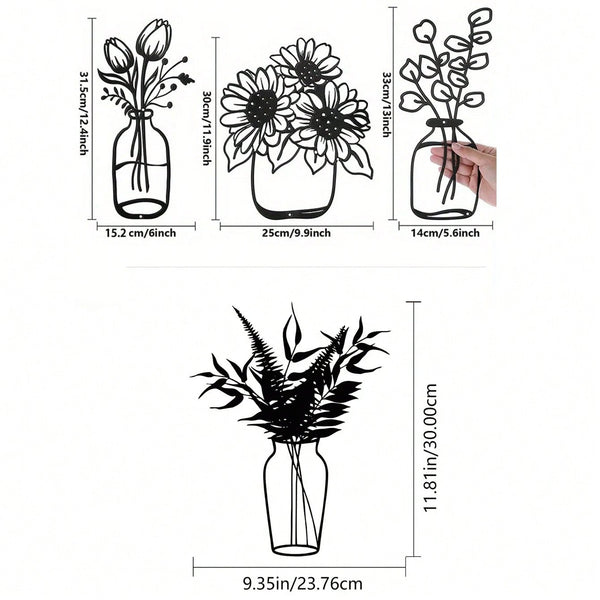 3-piece iron floral designs in glass bottle silhouette. Minimalist metal wall art enhances modern spaces like bedrooms, living rooms, or bathrooms. Waterproof, rustproof, and durable—ideal as a birthday gift. Features fade-resistant finish with century-ol