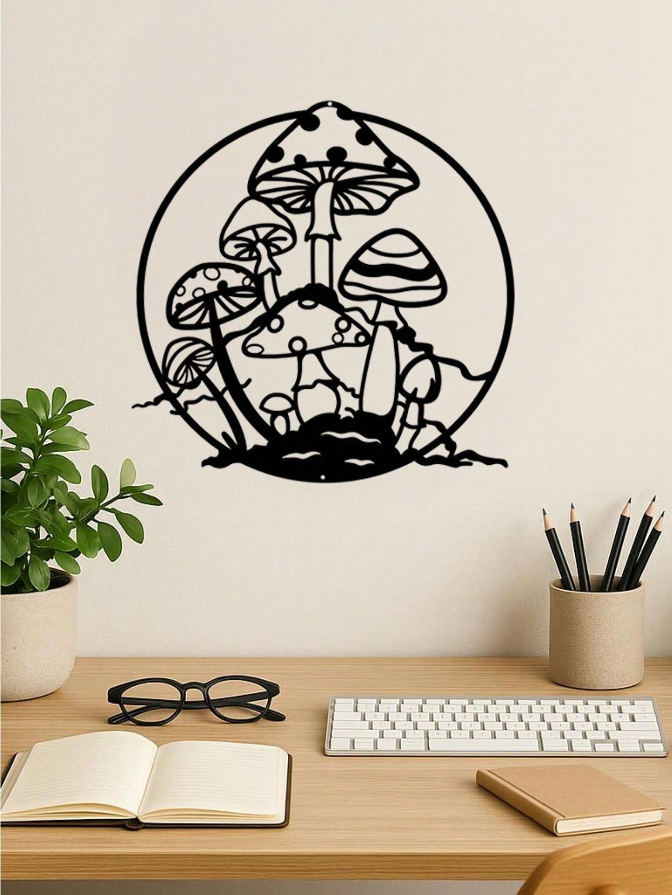 Single piece round wrought iron wall decoration with black plant flower pattern. Suitable for interior spaces such as living room or bedroom. The perfect personalized gift for plant and flower lovers, and also suitable for room decoration.