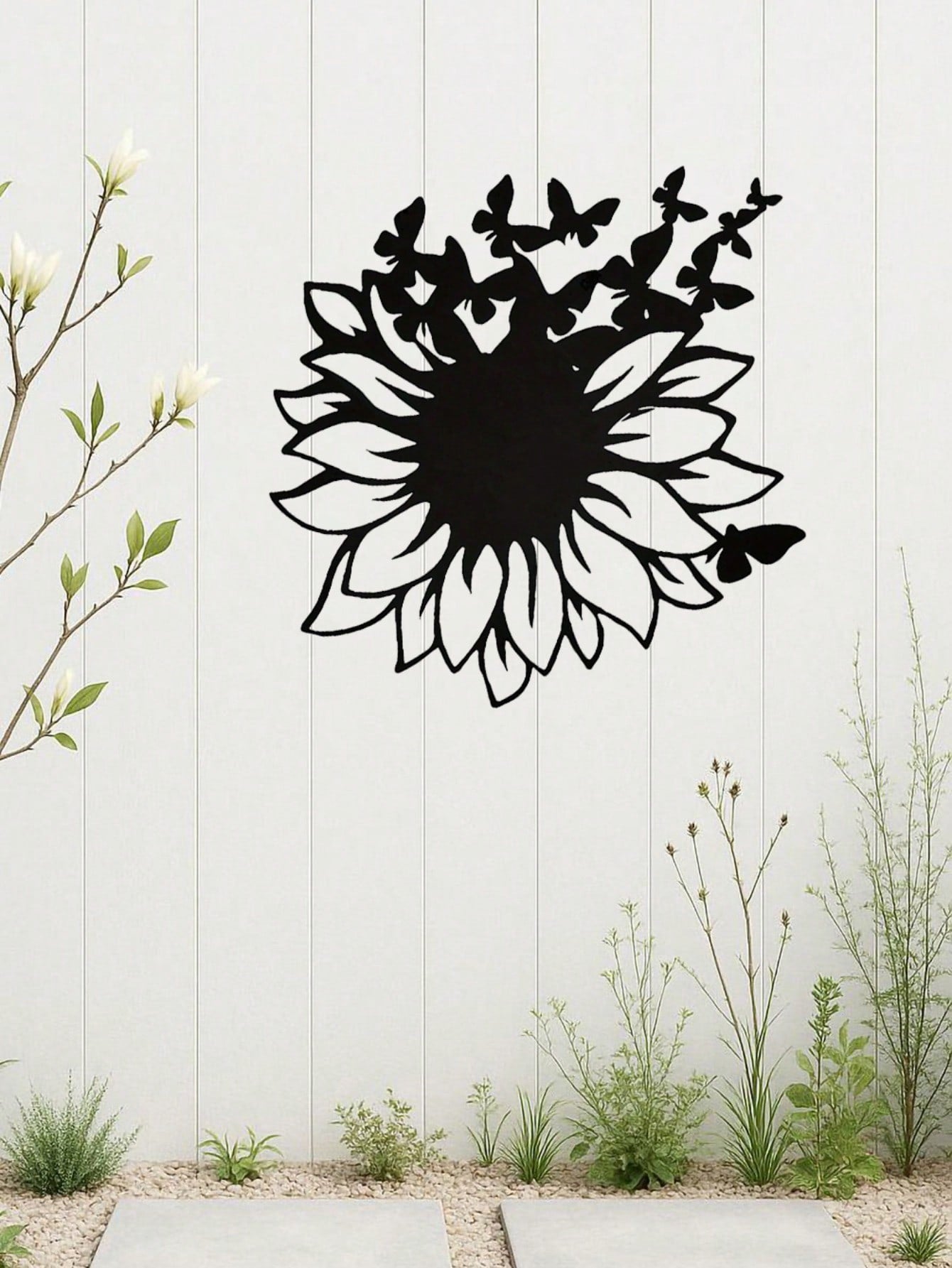 Black Wrought Iron Butterfly Wall Decoration - A fluttering group of butterflies perched on sunflowers. Nature inspired sticker, ideal for living room or bedroom decor.