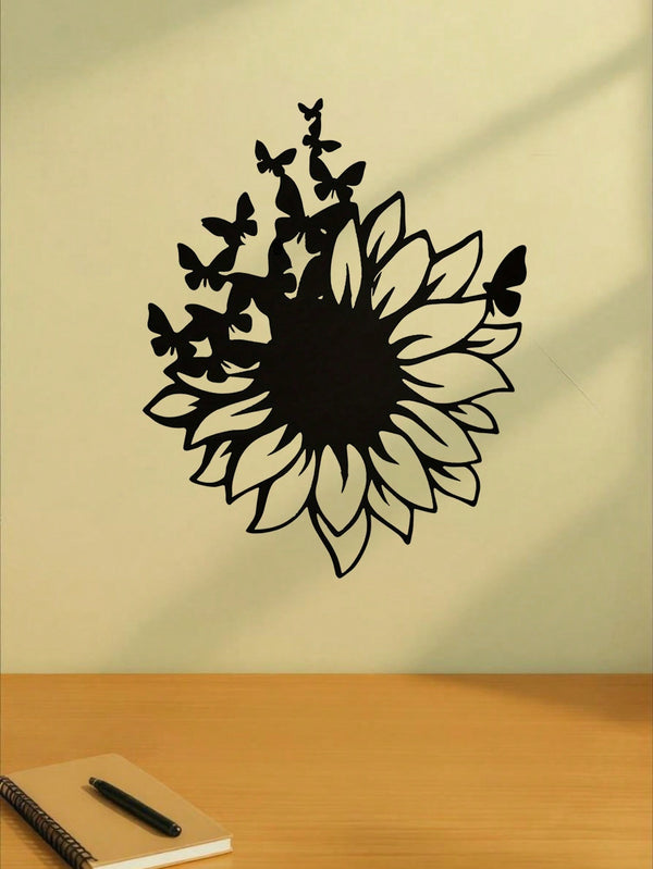 Iron Black Metal Butterfly Wall Art - A Delicate Group Of Butterflies Gathering On Sunflowers. Nature-Inspired Sticker Ideal For Living Room Or Bedroom Decor.
