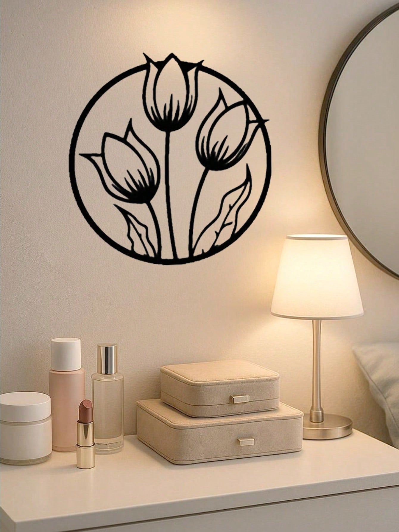1pc 40CM Floral Metal Wall Art, Round Flower Silhouette Decor, Iron Craft Wall Sticker, Elegant Hanging Art for Home Interior,Suitable for modern home decor, home decoration, room decor, bedroom decor, bathroom decor, waterproof, rust proof and durable,wa Main image