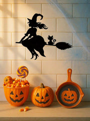 Midnight Witch Wall Art: An intricately crafted iron silhouette of a witch soaring on a broomstick under the moonlight. This Halloween-themed black metal wall ornament features delicate butterfly accents, adding a mystical charm to your space. Perfect as