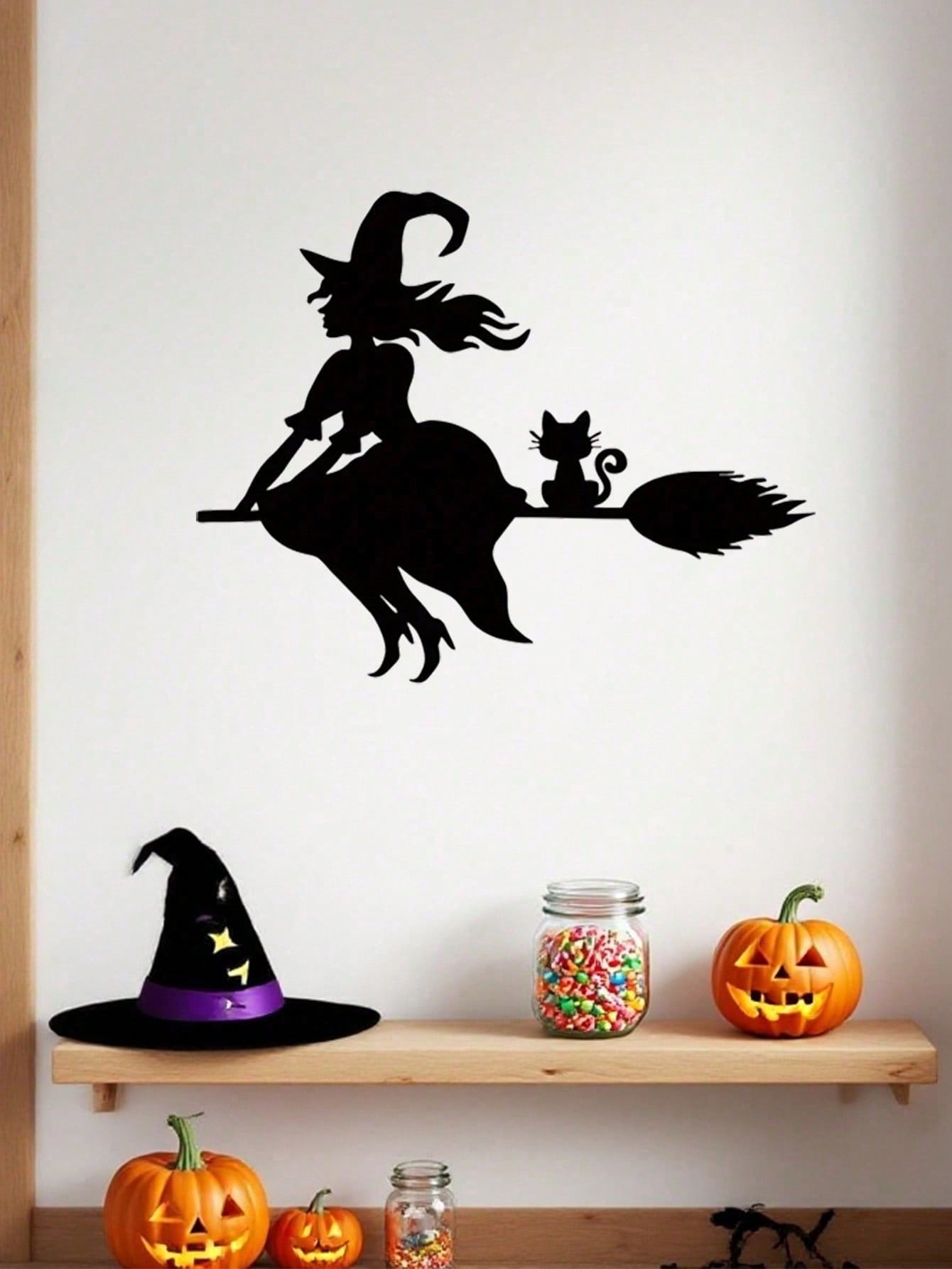 Midnight Witch Wall Art: An intricately crafted iron silhouette of a witch soaring on a broomstick under the moonlight. This Halloween-themed black metal wall ornament features delicate butterfly accents, adding a mystical charm to your space. Perfect as
