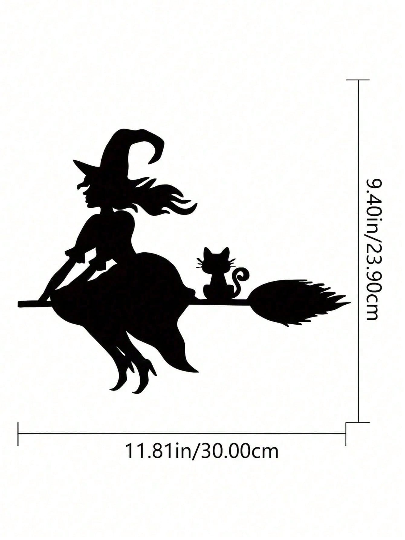Midnight Witch Wall Art: An intricately crafted iron silhouette of a witch soaring on a broomstick under the moonlight. This Halloween-themed black metal wall ornament features delicate butterfly accents, adding a mystical charm to your space. Perfect as