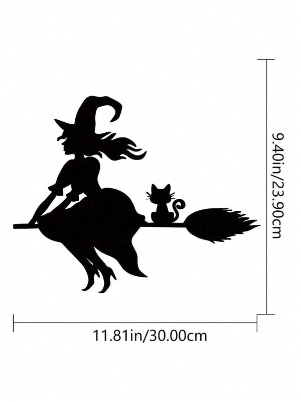 Midnight Witch Wall Art: An intricately crafted iron silhouette of a witch soaring on a broomstick under the moonlight. This Halloween-themed black metal wall ornament features delicate butterfly accents, adding a mystical charm to your space. Perfect as
