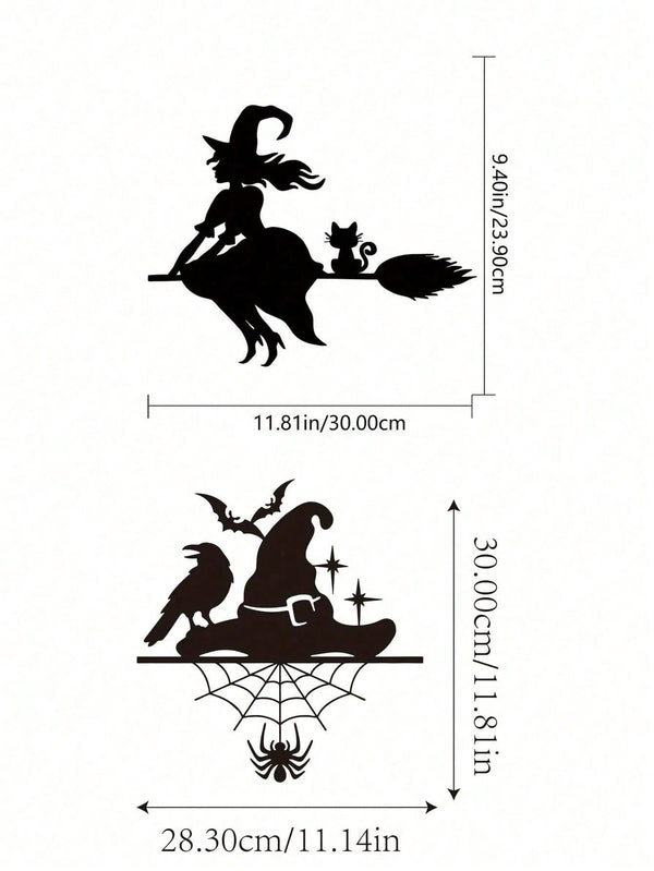 Midnight Witch Wall Art: An intricately crafted iron silhouette of a witch soaring on a broomstick under the moonlight. This Halloween-themed black metal wall ornament features delicate butterfly accents, adding a mystical charm to your space. Perfect as