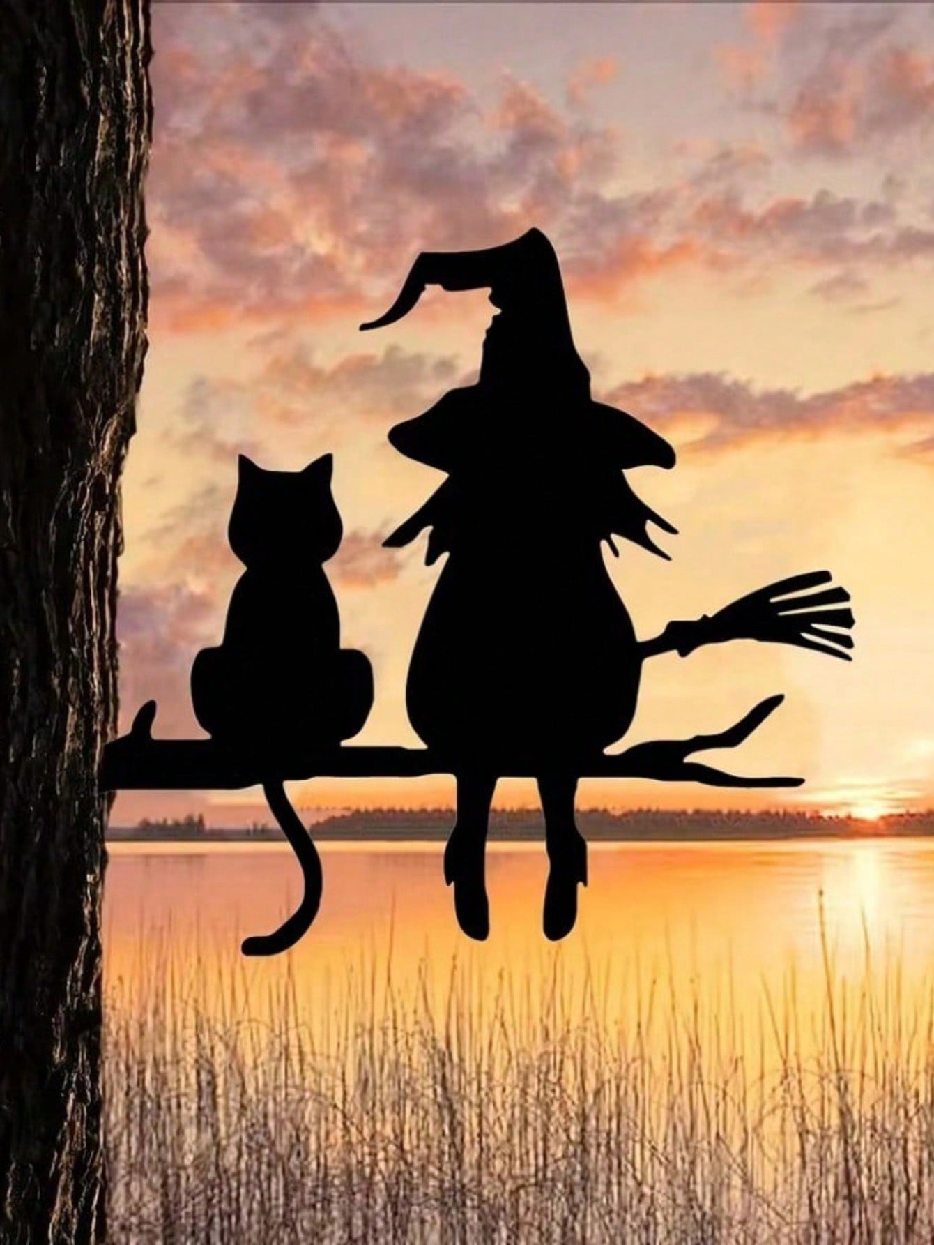 Whimsical Witch & Cat Garden Stake - Rust or Black Iron, Branch Design, Plug-in Tree Stump for Lawn, Courtyard Decor,Suitable for modern home decor, home decoration, room decor, bedroom decor, bathroom decor, waterproof, rust proof and durable,wall decor， Main image
