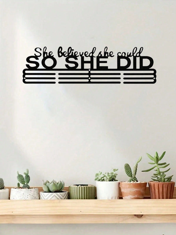 1 Wall Mounted Medal Display Stand With Auxiliary Hook; "She Believed She Could, So She Did It. Never Give Up." Trophy Hanger, Auxiliary Hook; Cheerleading Ribbon, Competitive Gymnastics, Track And Field, Back-Related Ribbon. Suitable For Modern Home Deco