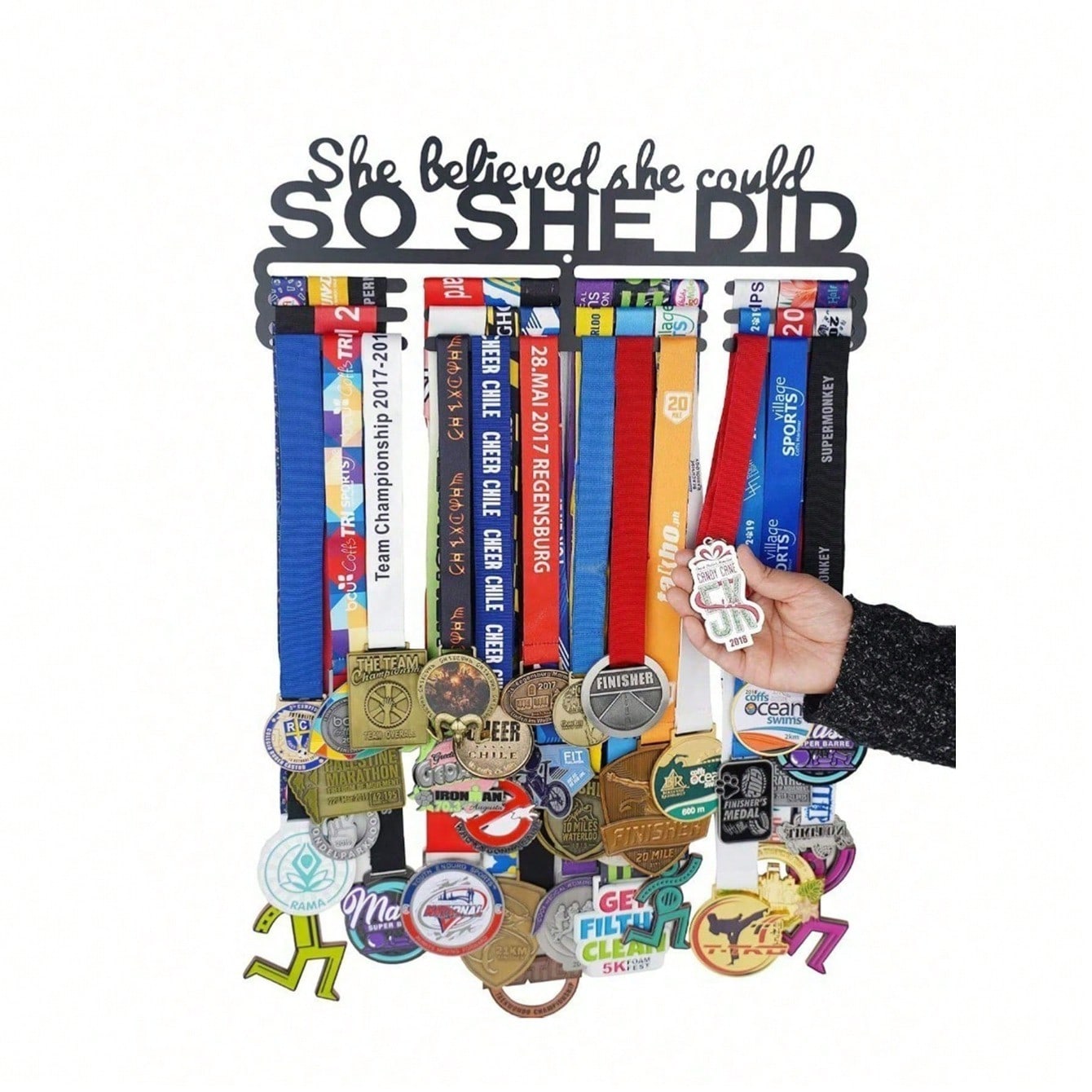 1 Wall Mounted Medal Display Stand With Auxiliary Hook; "She Believed She Could, So She Did It. Never Give Up." Trophy Hanger, Auxiliary Hook; Cheerleading Ribbon, Competitive Gymnastics, Track And Field, Back-Related Ribbon. Suitable For Modern Home Deco