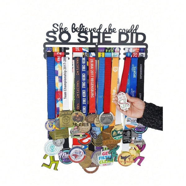 1 Wall Mounted Medal Display Stand With Auxiliary Hook; "She Believed She Could, So She Did It. Never Give Up." Trophy Hanger, Auxiliary Hook; Cheerleading Ribbon, Competitive Gymnastics, Track And Field, Back-Related Ribbon. Suitable For Modern Home Deco
