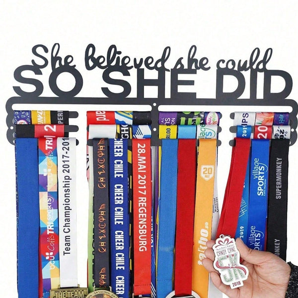 "She Believed She Could So She Did" Medal Display With Bonus Hook - Award Holder For Cheerleading, Gymnastics, Dance Competition, Soccer, Swimming Trophies And Ribbons - Sports Medal Organizer For Girls Room Decor