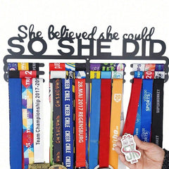 "She Believed She Could So She Did" Medal Display With Bonus Hook - Award Holder For Cheerleading, Gymnastics, Dance Competition, Soccer, Swimming Trophies And Ribbons - Sports Medal Organizer For Girls Room Decor