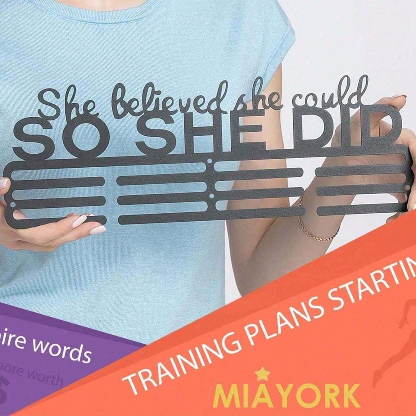 "She Believed She Could So She Did" Medal Display With Bonus Hook - Award Holder For Cheerleading, Gymnastics, Dance Competition, Soccer, Swimming Trophies And Ribbons - Sports Medal Organizer For Girls Room Decor