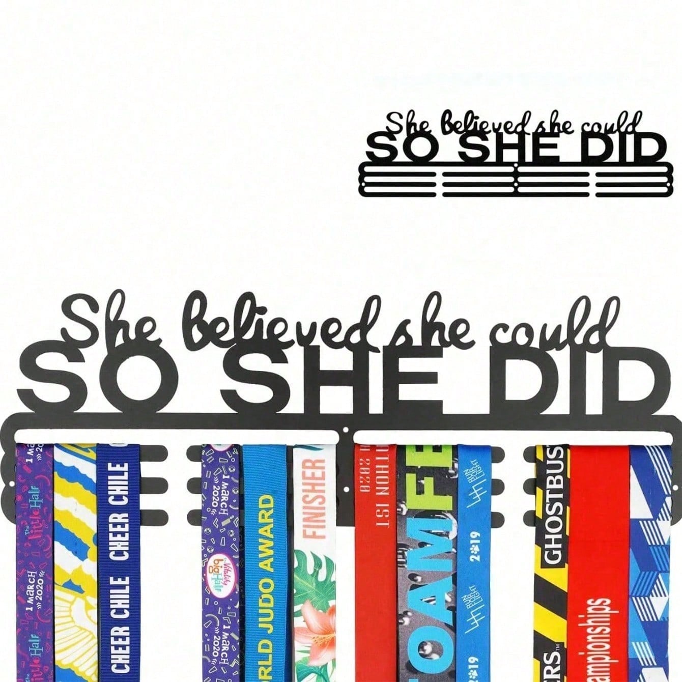 "She Believed She Could So She Did" Medal Display With Bonus Hook - Award Holder For Cheerleading, Gymnastics, Dance Competition, Soccer, Swimming Trophies And Ribbons - Sports Medal Organizer For Girls Room Decor