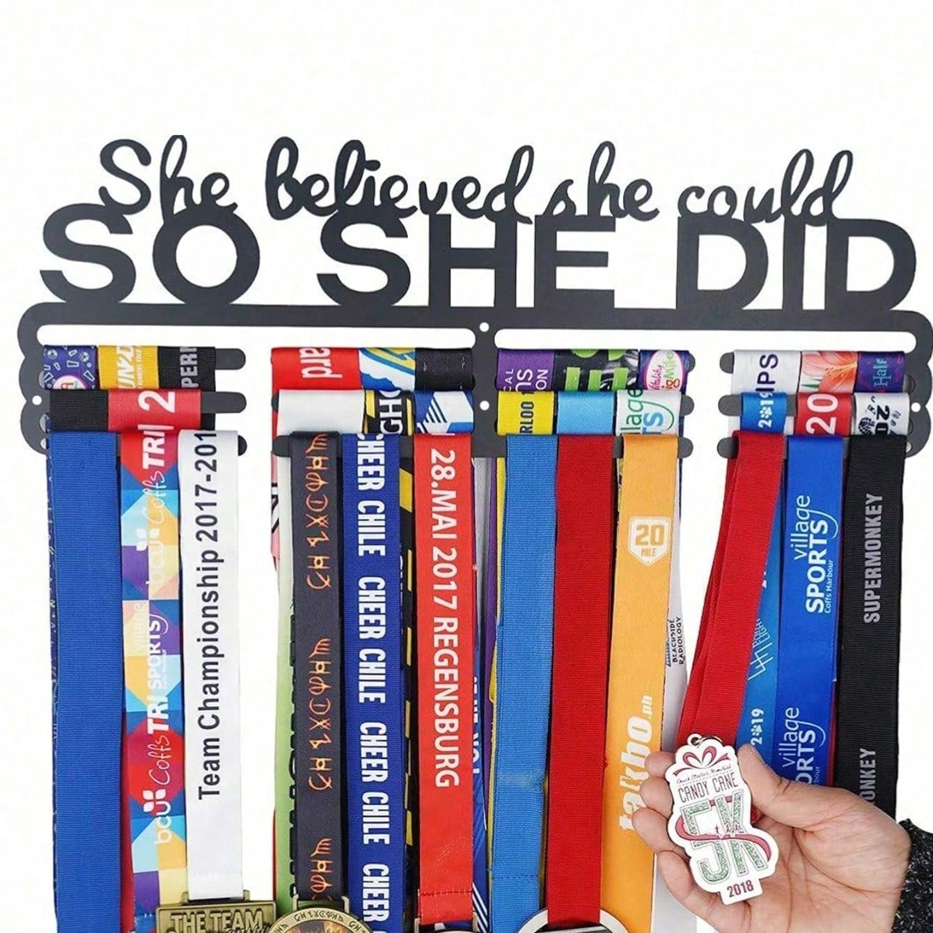 "She Believed She Could So She Did" Medal Display With Bonus Hook - Award Holder For Cheerleading, Gymnastics, Dance Competition, Soccer, Swimming Trophies And Ribbons - Sports Medal Organizer For Girls Room Decor