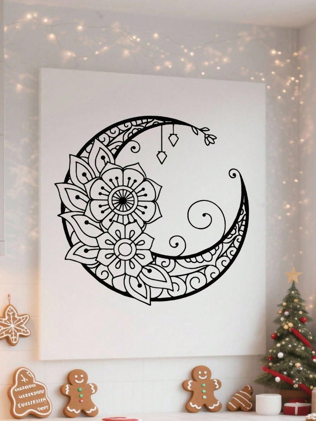 1 piece of moon flower theme decorative wall decoration, indoor living room black classic room decoration home decoration, wall decoration metal pendant.