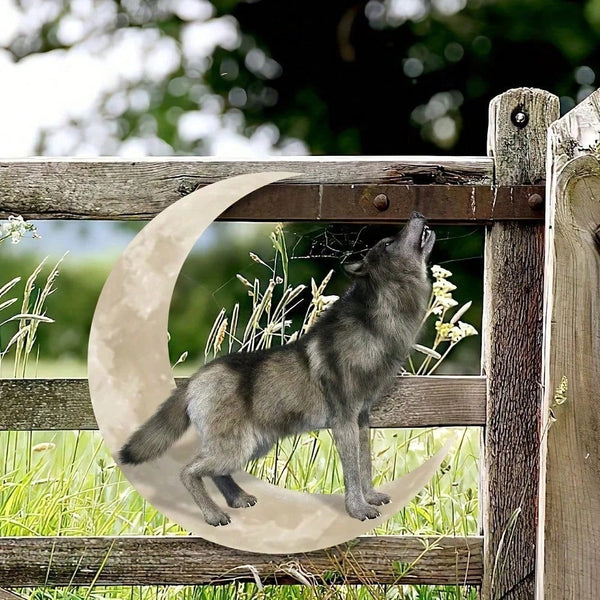 1 piece of metal wall decoration featuring a colorful wolf on the moon logo