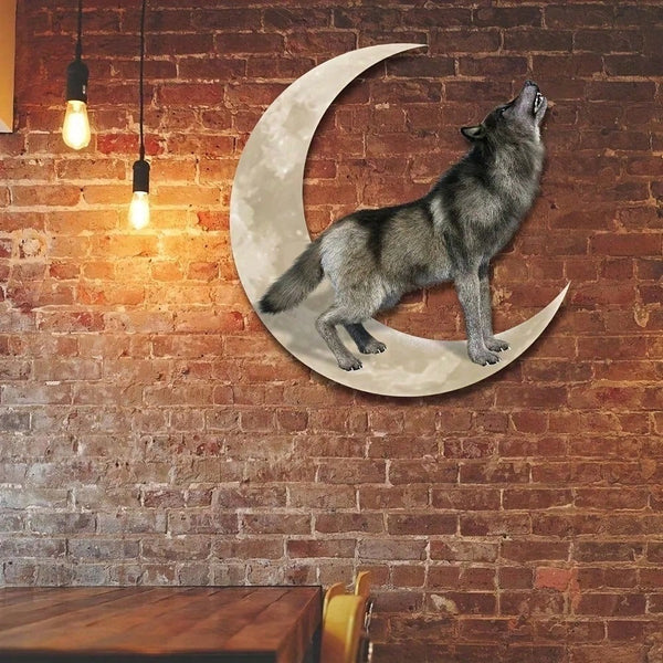 1 piece of metal wall decoration featuring a colorful wolf on the moon logo