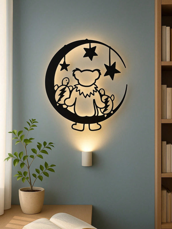 1 unique and fun cute metal bear moon metal logo fashion warm bear and turtle sitting on the moon moon shape bear and turtle wall artwork suitable for interior decoration wall decoration